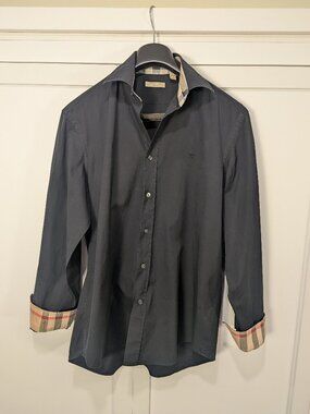 Burberry Brit Men’s Sz L Black Dress Shirt Nova Check Trim Classic Fit